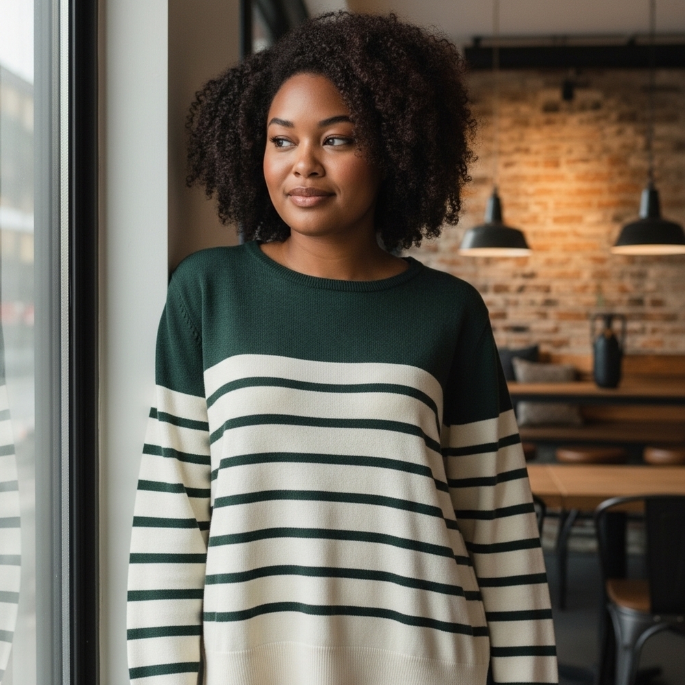 Striped Crew Neck Sweater - Green and White - NWOT - Picture 2 of 5